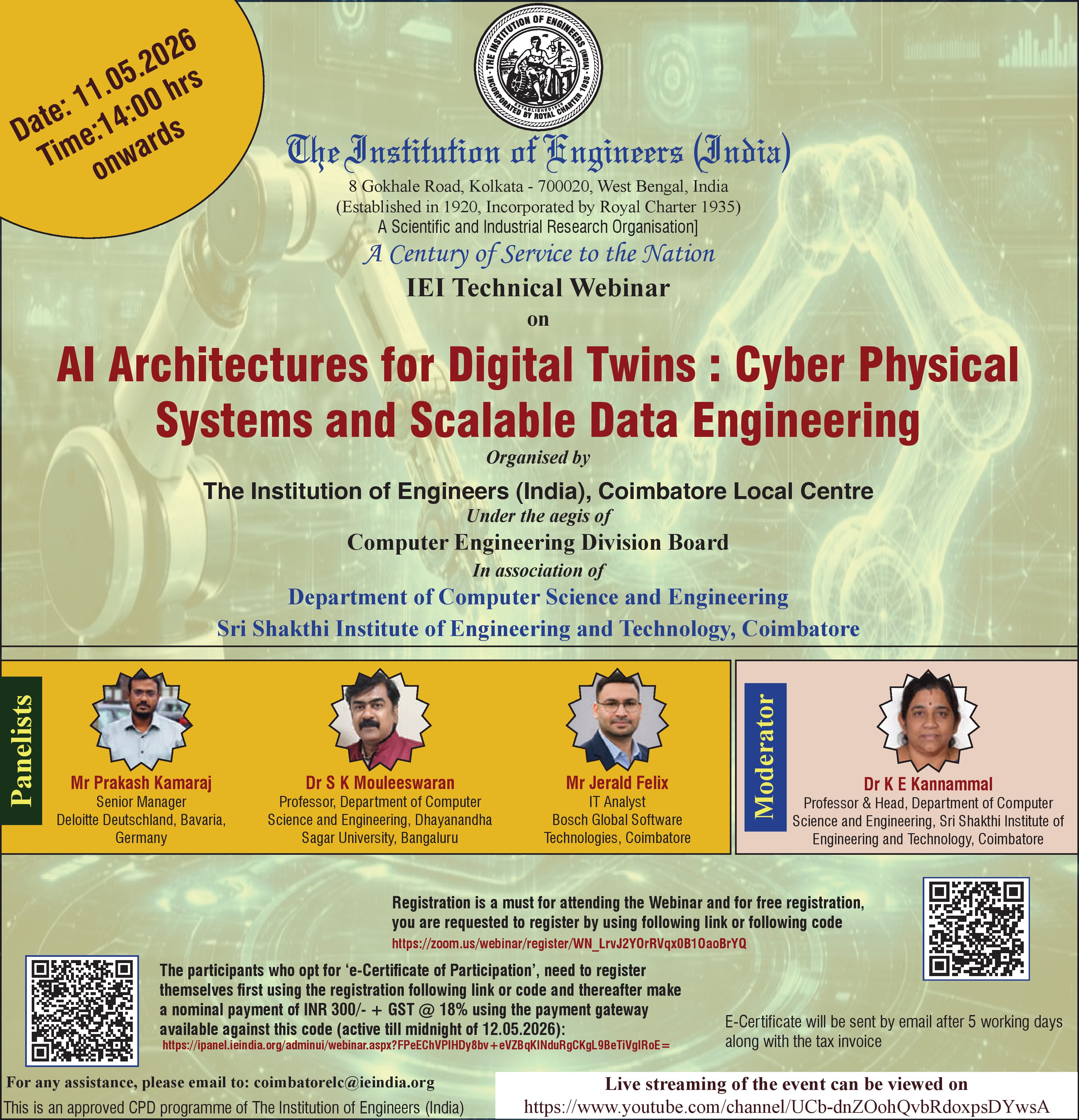 Technical Webinar on “AI Architectures for Digital Twins : Cyber Physical Systems and Scalable Data Engineering” - CPDB - 11.05.2026